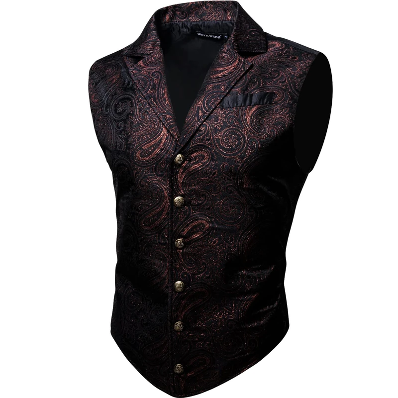 Barry.Wang Mens Victorian Vest Steampunk Gothic Paisley Tailored Collar Waistcoat Halloween Themed Party, Red Black, Medium