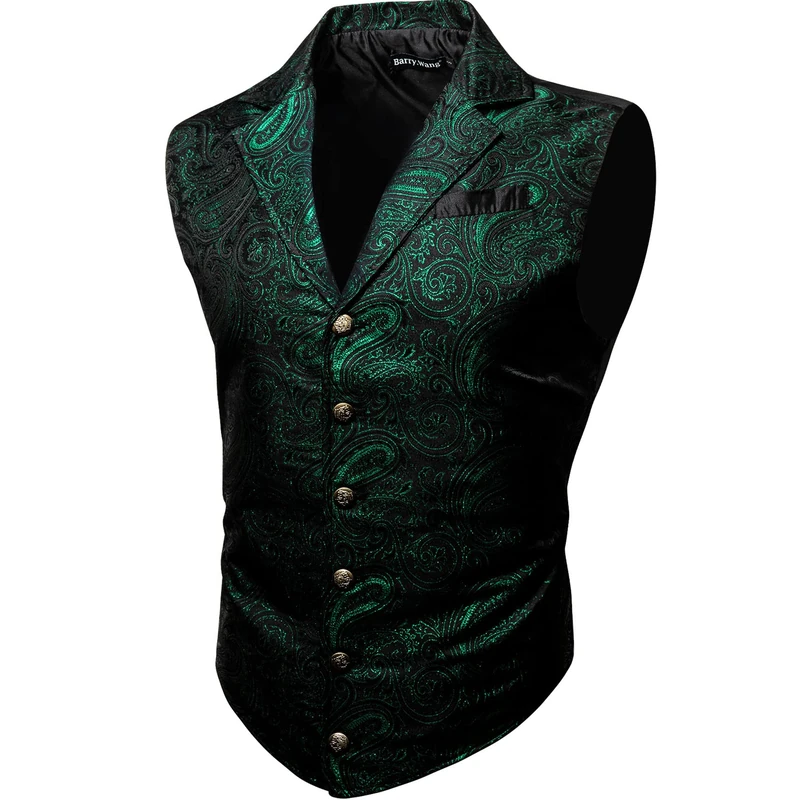Barry.Wang Mens Victorian Vest Steampunk Gothic Paisley Tailored Collar Waistcoat Halloween Themed Party, A Emerald Green Black, Large