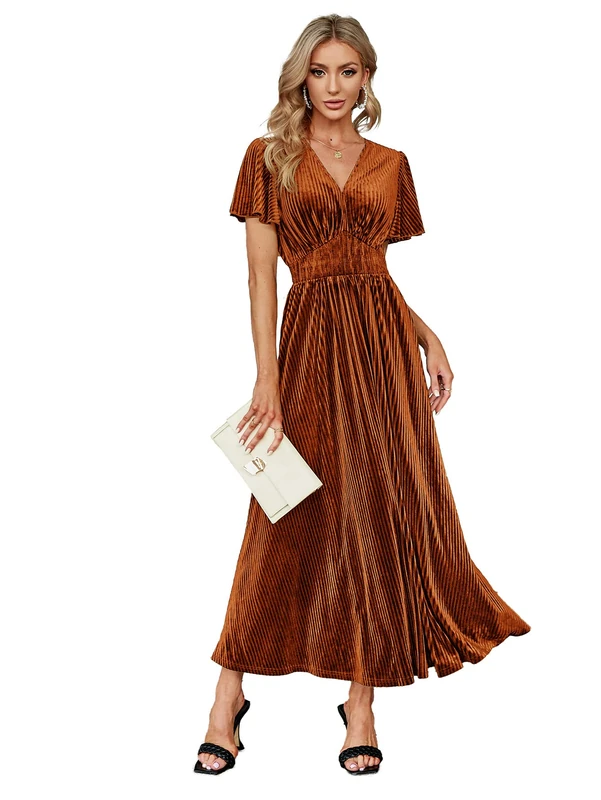 Simplee Women’s V Neck Velvet Maxi Dress Short Sleeve Empire Waist Long Formal Dress for Wedding Guest, 4#Earthy Orange, XL