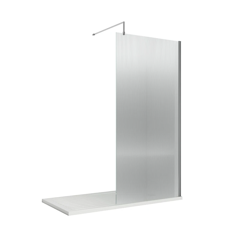 nuie WRFL18580 Fluted Modern Bathroom 8mm Toughened Safety Glass Wetroom Screen with Bar, 800mm, Polished Chrome