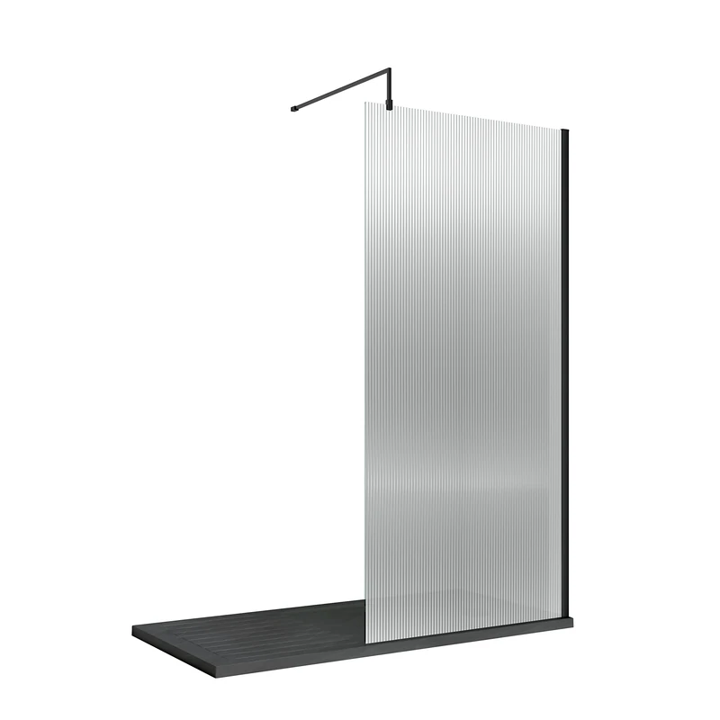 nuie WRFL18580BP Fluted Modern Bathroom 8mm Toughened Safety Glass Wetroom Screen with Bar, 800mm, Satin Black