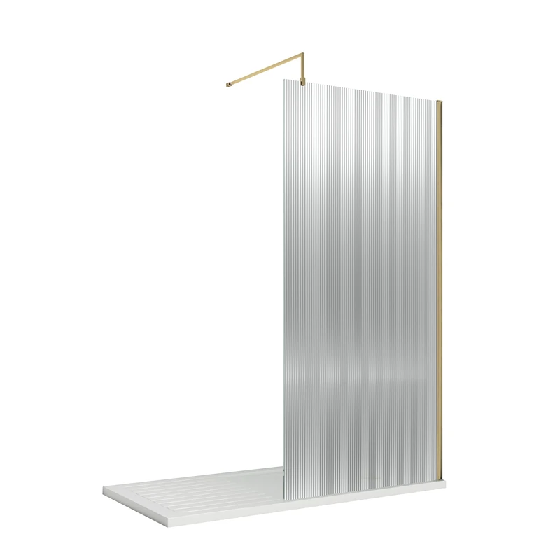 nuie WRFL18590BB Fluted Modern Bathroom 8mm Toughened Safety Glass Wetroom Screen with Bar, 900mm, Brushed Brass