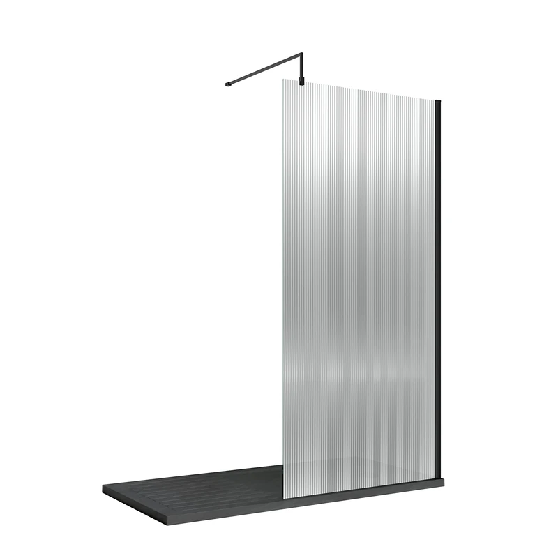 nuie WRFL18510BP Fluted Modern Bathroom 8mm Toughened Safety Glass Wetroom Screen with Bar, 1000mm, Satin Black