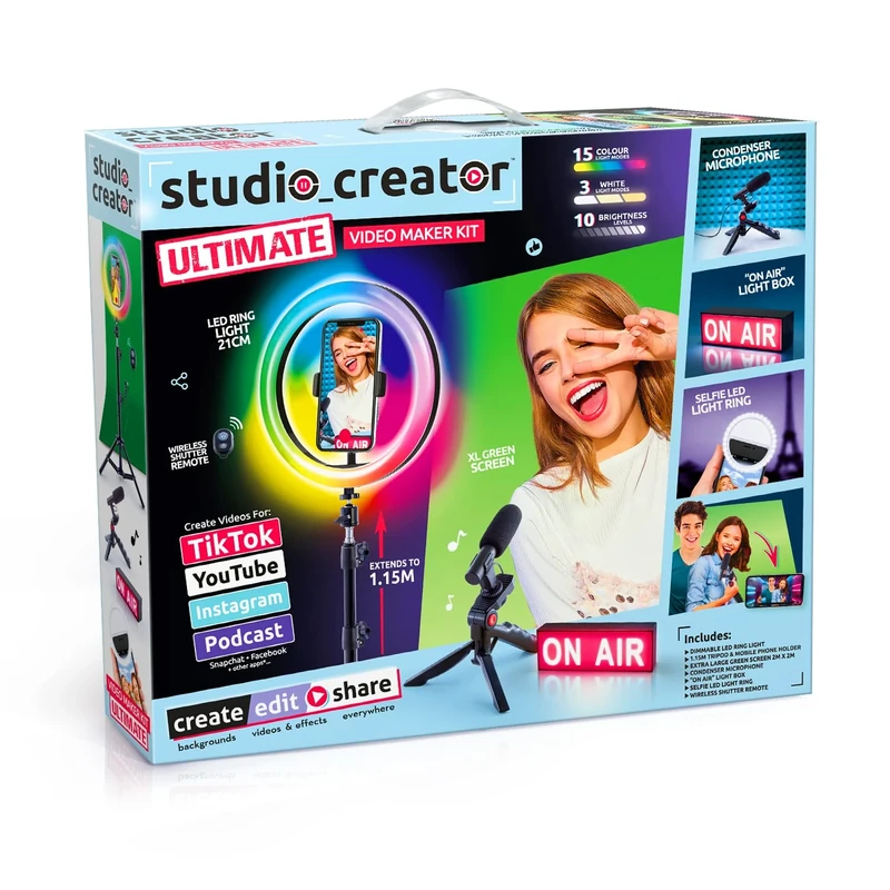 Studio Creator Ultimate Video Maker Kit, XL Green Screen, Colour LED Ring Light, Microphone + Selfie Light, 'On Air' Lightbox + More! For Ages 14+