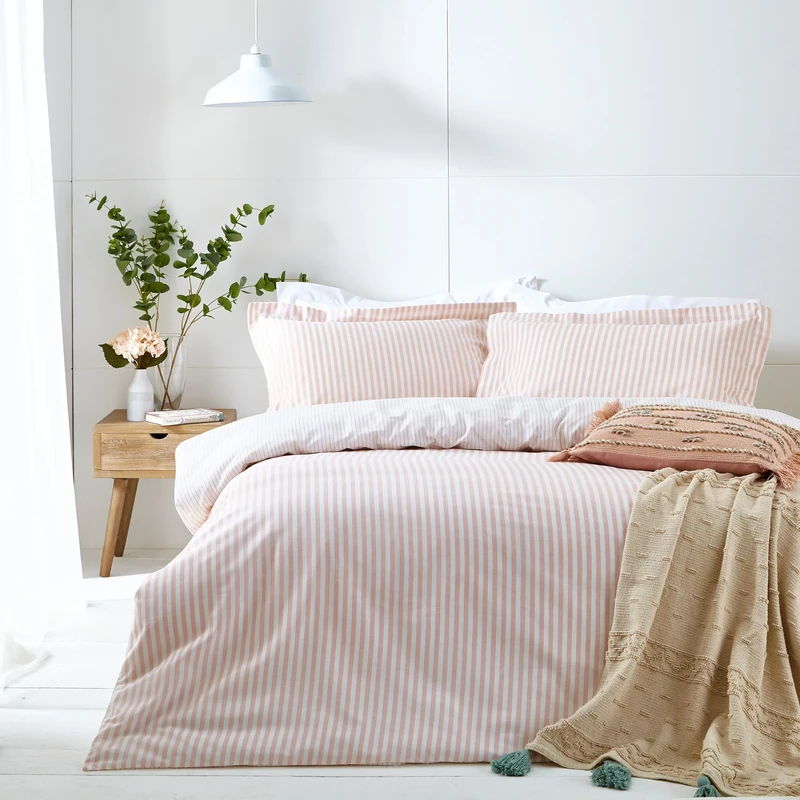 furn. Yard Hebden Mélange Stripe Cotton Duvet Set – Ultra Soft Reversible Striped Bedding (Blush – Super King)