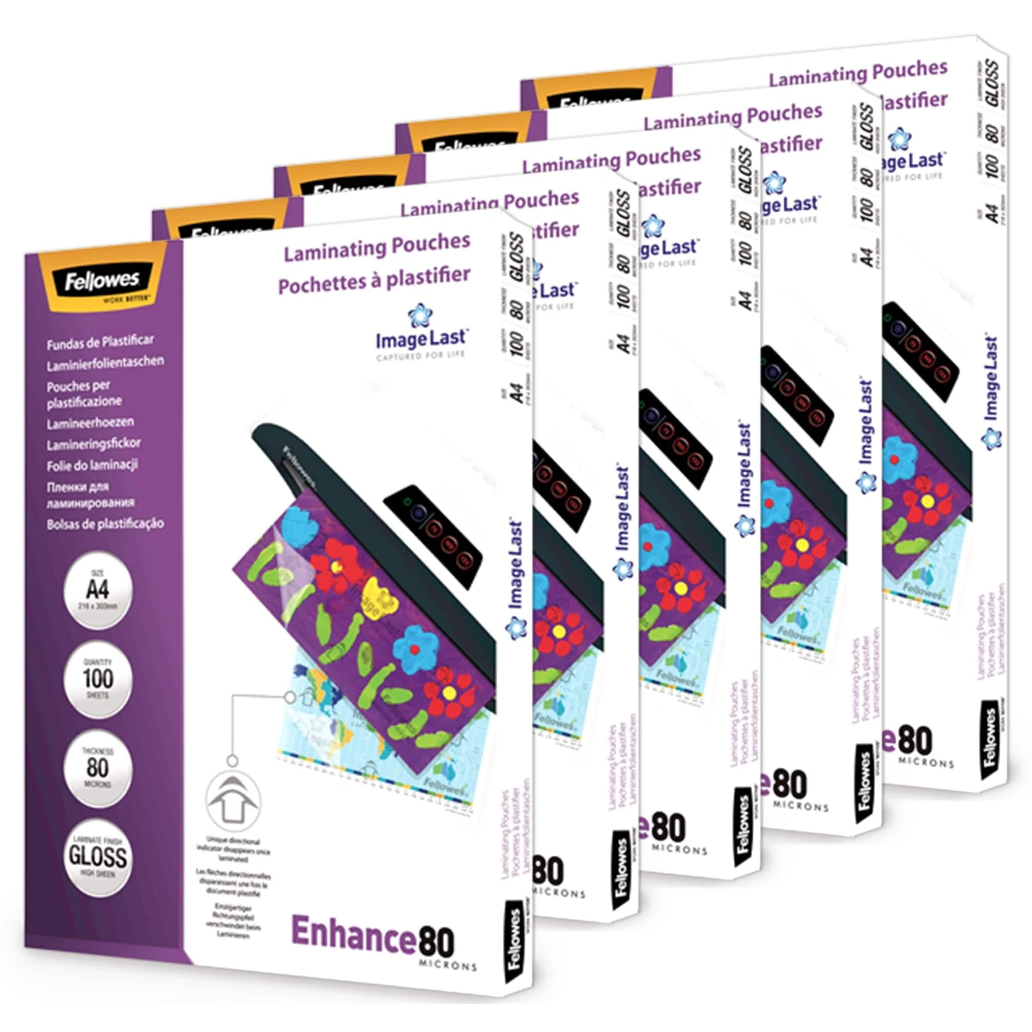 Fellowes A4 Laminating Pouches - Gloss Finish, 500 Sheets (5 x 100 Sheets), 160 Micron (2 x 80 Micron) Finish with ImageLast Directional Quality Mark - Ideal for Photos and Notices