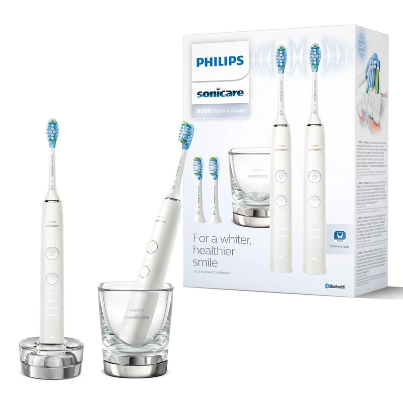 Philips Sonicare DiamondClean 9000 Electric Toothbrush,Toothbrush with Sound Technology Including App, Pressure Sensor, 4 Cleaning Modes, 3 Intensity Levels, Charging Glass, White (Model HX9914/62)