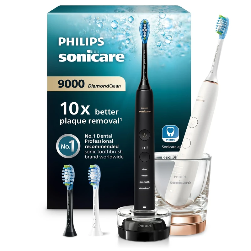 Philips Sonicare DiamondClean Series 9000 Twin Pack Sonic Electric Toothbrushes, Cleaner Teeth and Gums Connected with App, Black and Rose Gold (Model HX9914/61)