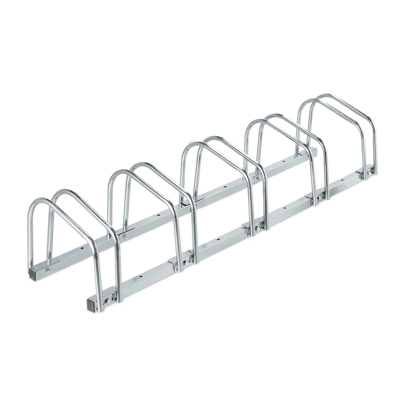 Relaxdays Floor Bike Rack, for 5 Bicycles, Wheel Width up to 60 mm, Metal, Outdoor Parking Stand, Garage, Silver
