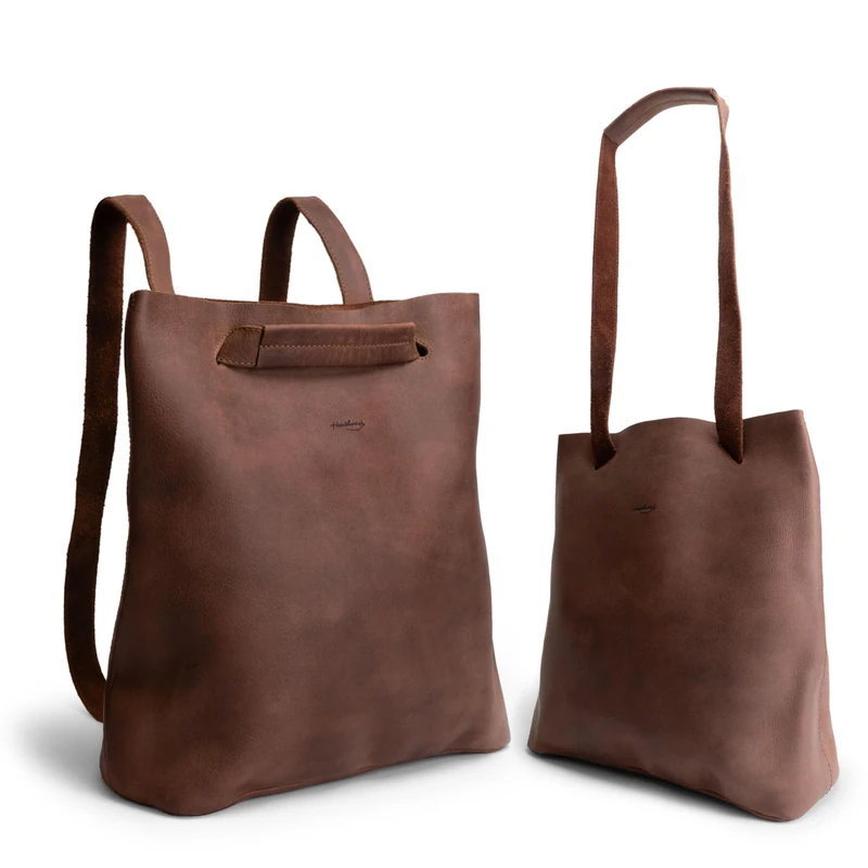 Heather's, Convertible Backpack to Shoulder Bag, Spacious Crossbody for Women, Squared Purse, Full Grain Leather, Handmade, Bourbon Brown, M - Image 1