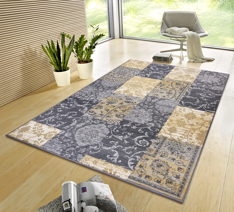 Hanse Home Gloria Rug 120 x 170 cm - Living Room Rug Multicoloured Modern Velour Rug Bedroom Rug for Hallway, Dining Room, Bedroom, Children's Room, Living Room, Kitchen - Grey Mustard