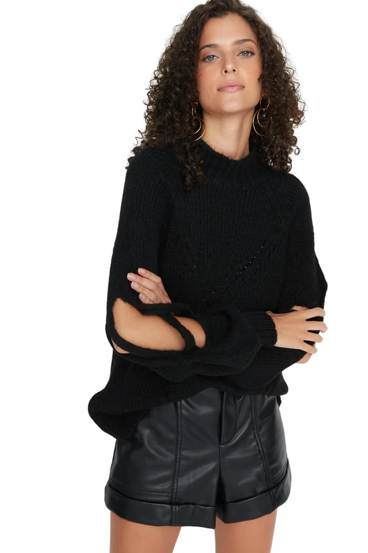 Trendyol Women Regular Basic Standing Collar Knitwear Sweater Schwarz