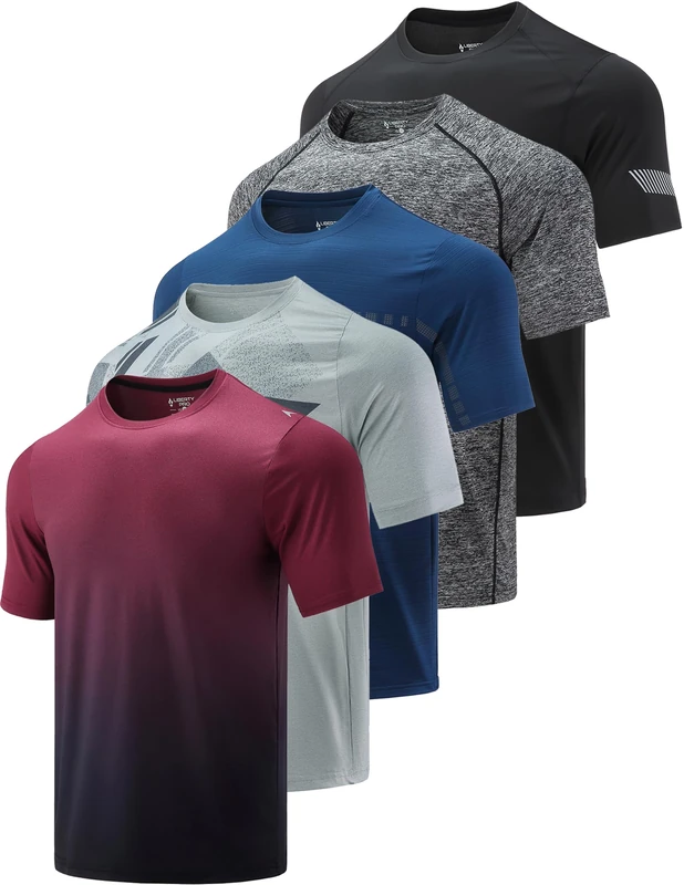 5 Pack Men’s Active Quick Dry Crew Neck T Shirts | Athletic Running Gym Workout Short Sleeve Tee Tops Bulk, Light Gray/Gradient Red/Blue/Charcoal/Black, S