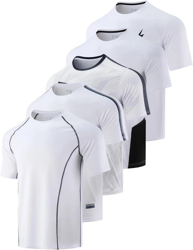 5 Pack Men’s Active Quick Dry Crew Neck T Shirts | Athletic Running Gym Workout Short Sleeve Tee Tops Bulk, Whites, XXXXL