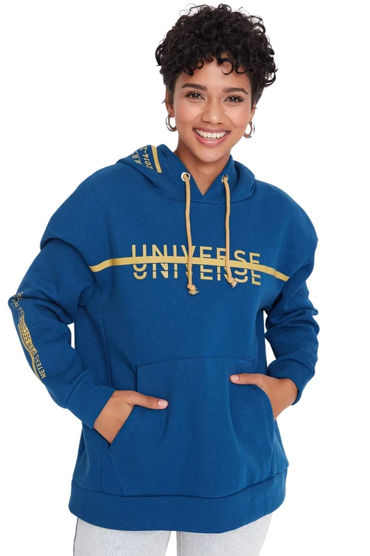Trendyol Women Oversize Basic Hood Woven Sweatshirt Indigo - Image 1