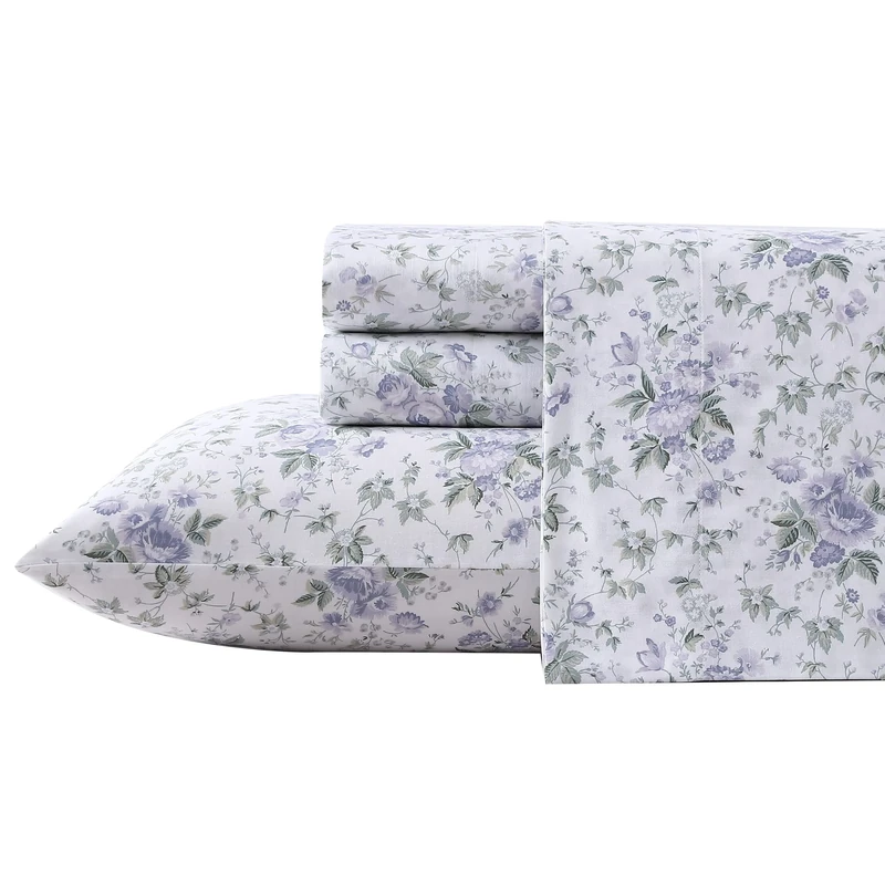 Laura Ashley Home King Sheet Set, Soft Sateen Cotton Bedding Set - Sleek, Smooth, & Breathable,Lilian Purple