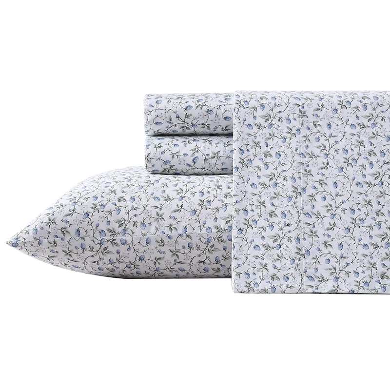 Laura Ashley Home Queen Sheet Set, Soft Sateen Cotton Bedding Set - Sleek, Smooth, & Breathable, Bramble Vine Green