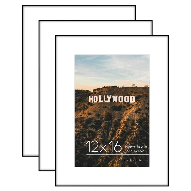 Americanflat Front Loading 12x16 Picture Frame with Shatter-Resistant Glass - Set of 3 - Use as 8x12 Frame with Mat - Metropolitan Collection - Photo Frame for Wall Display - Black