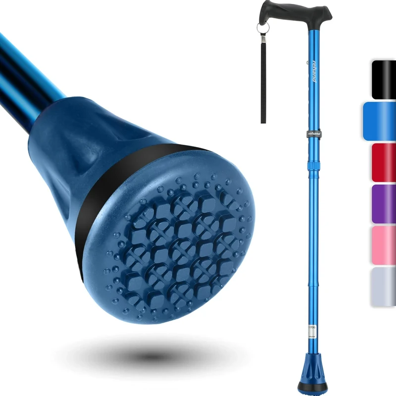 rehand Folding Walking Stick - 8-Height Adjustable, Pivot Tip, Blue