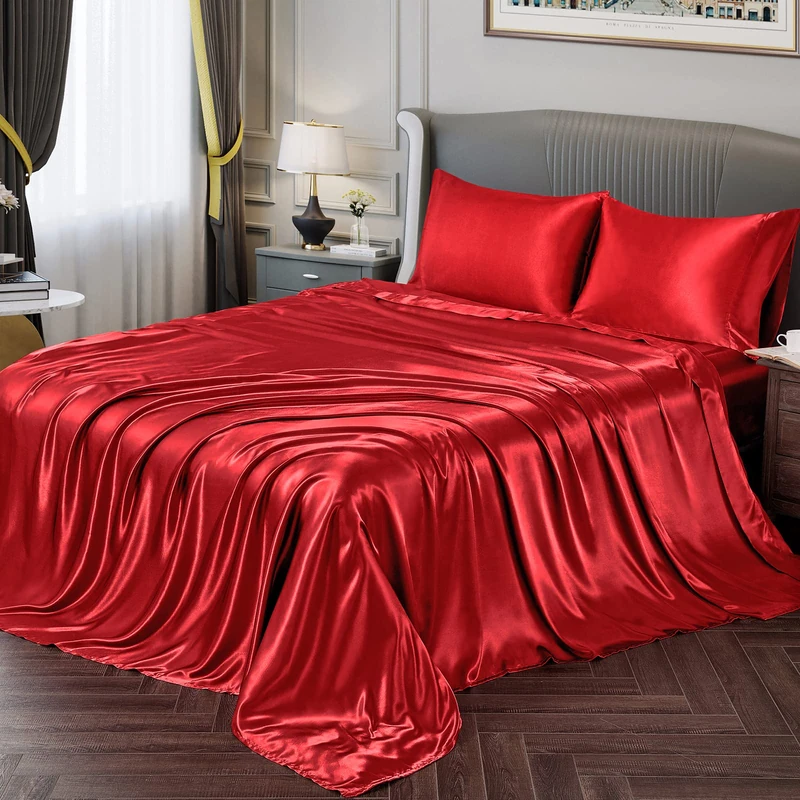 Vonty Satin Sheeting Queen Set - Silky Soft Red Satin 1 Deep Pocket Fitted Sheet + 1 Flat Sheet + 2 Pillowcases