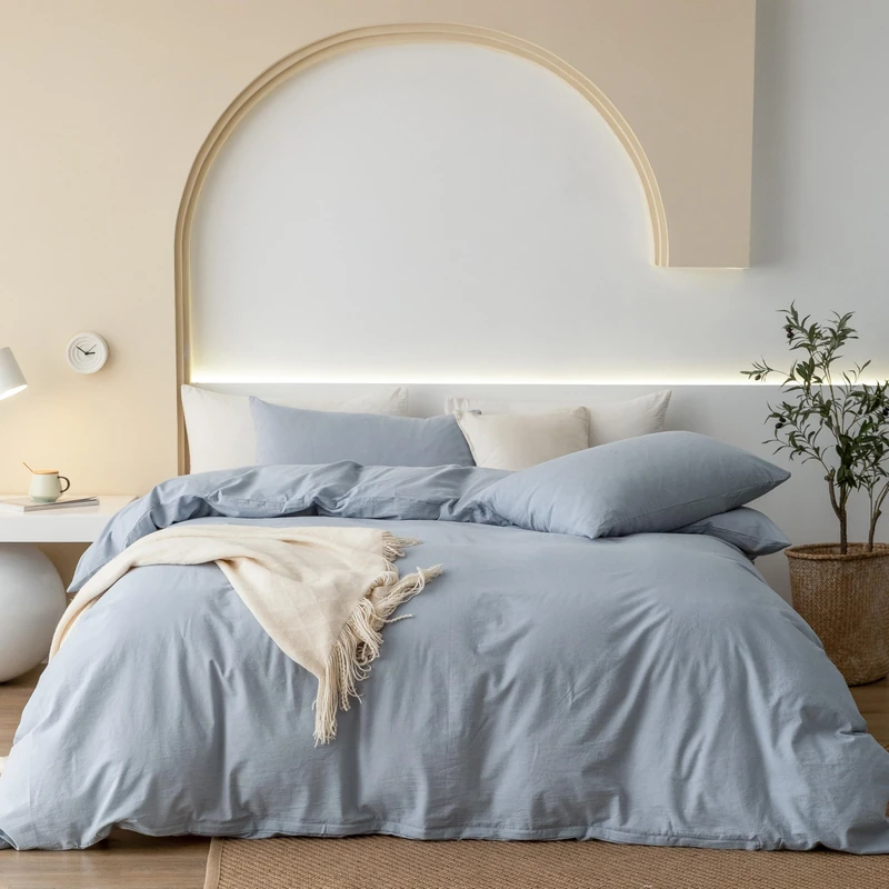 JIYUAN Queen Washed Cotton Duvet Cover Set, 3-Piece, Relaxed Linen Feel