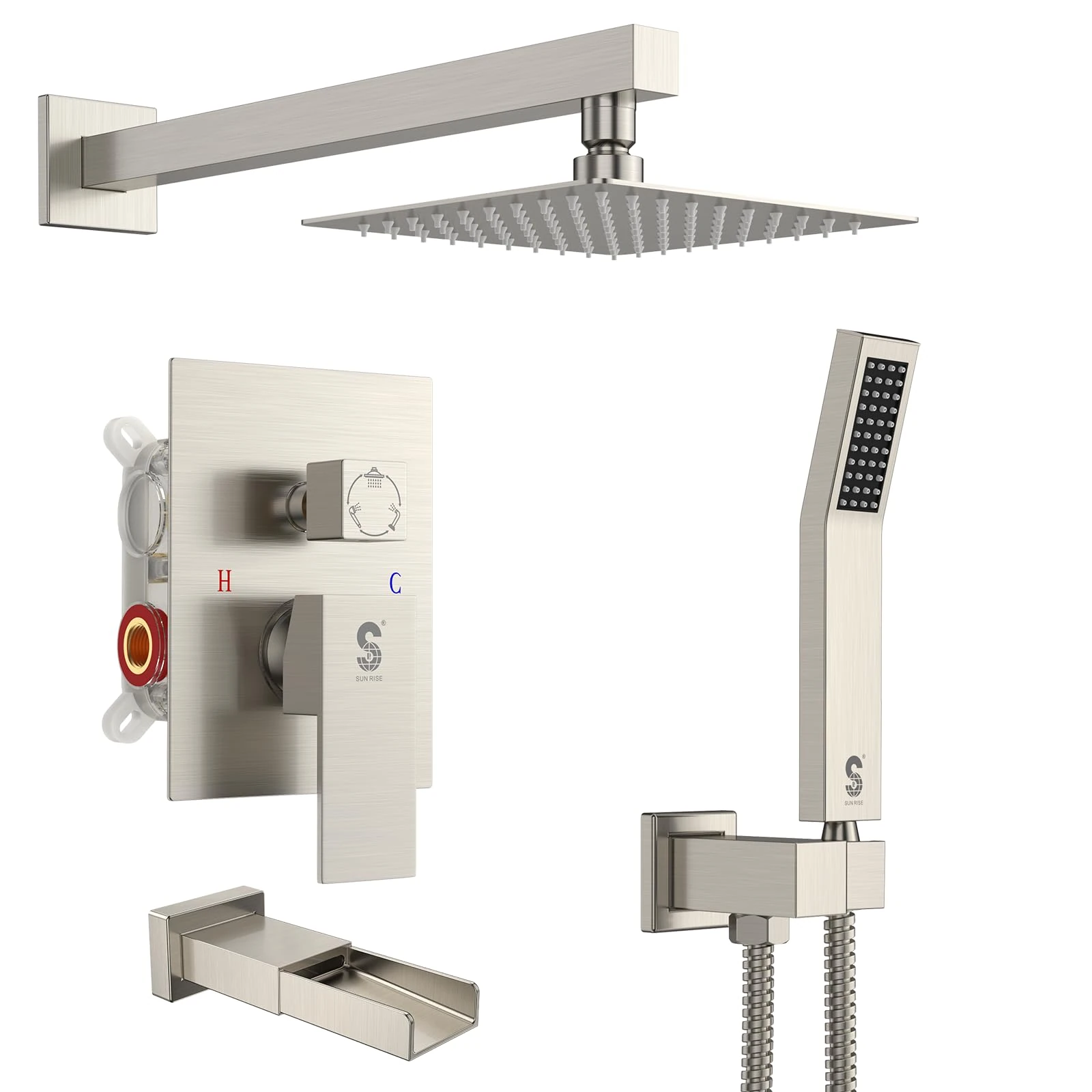 SR SUN RISE 8 Inches All Metal Square Shower System with Tub Spout, Tub Shower Faucet Set, High Pressure Rain Shower Head and Handheld Sprayer Shower Fixtues, Valve Included, Brushed Nickel