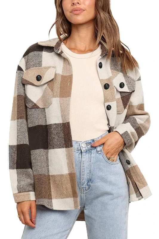 AUTOMET Womens Casual Plaid Shacket Button Down Long Sleeve Shirts 2024, Brown, Small