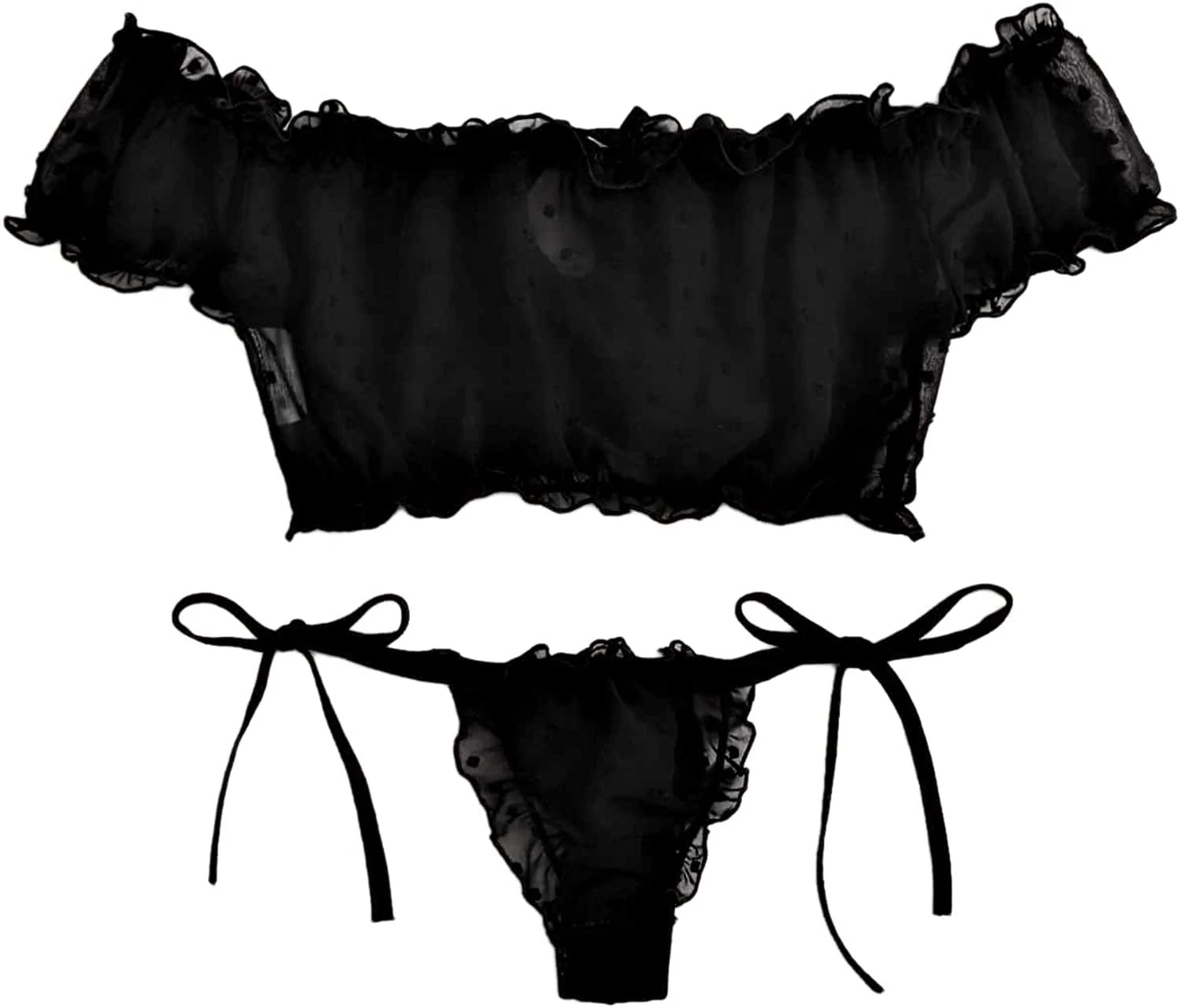 VicSec Women Sexy Babydoll Lingerie Set, Cute Transparent Bra and Panties Set, Adjustable Bowknot Strappy Teddy Underwear Naughty Sleepwear Nighties for Valentines Gift (Black, One Size)