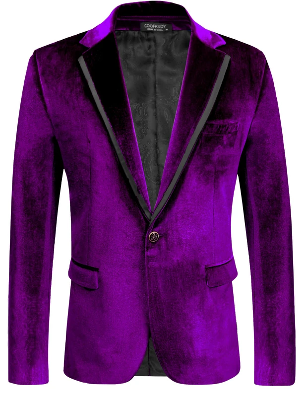 COOFANDY Men's Velvet Blazer Slim Fit Solid One Button Blazer Jacket Tuxedo for Prom Wedding Party Dinner, A-Purple, XXL - Image 1