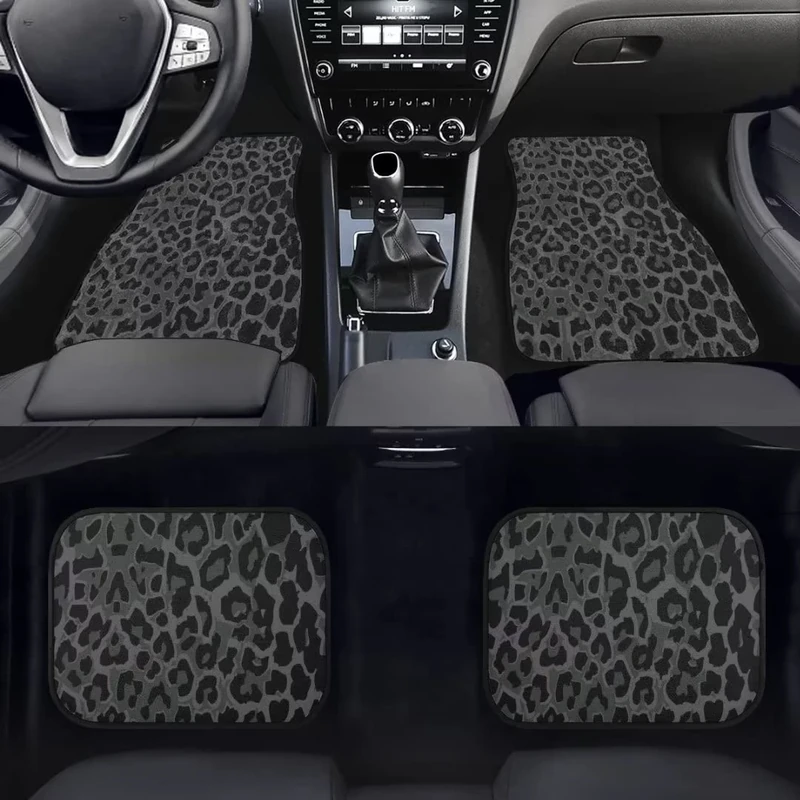 Dellukee Universal Car Mats Leopard Black Print All Weather Non Slip Car Floor Carpet Best for Car SUV Truck Van Heavy Duty