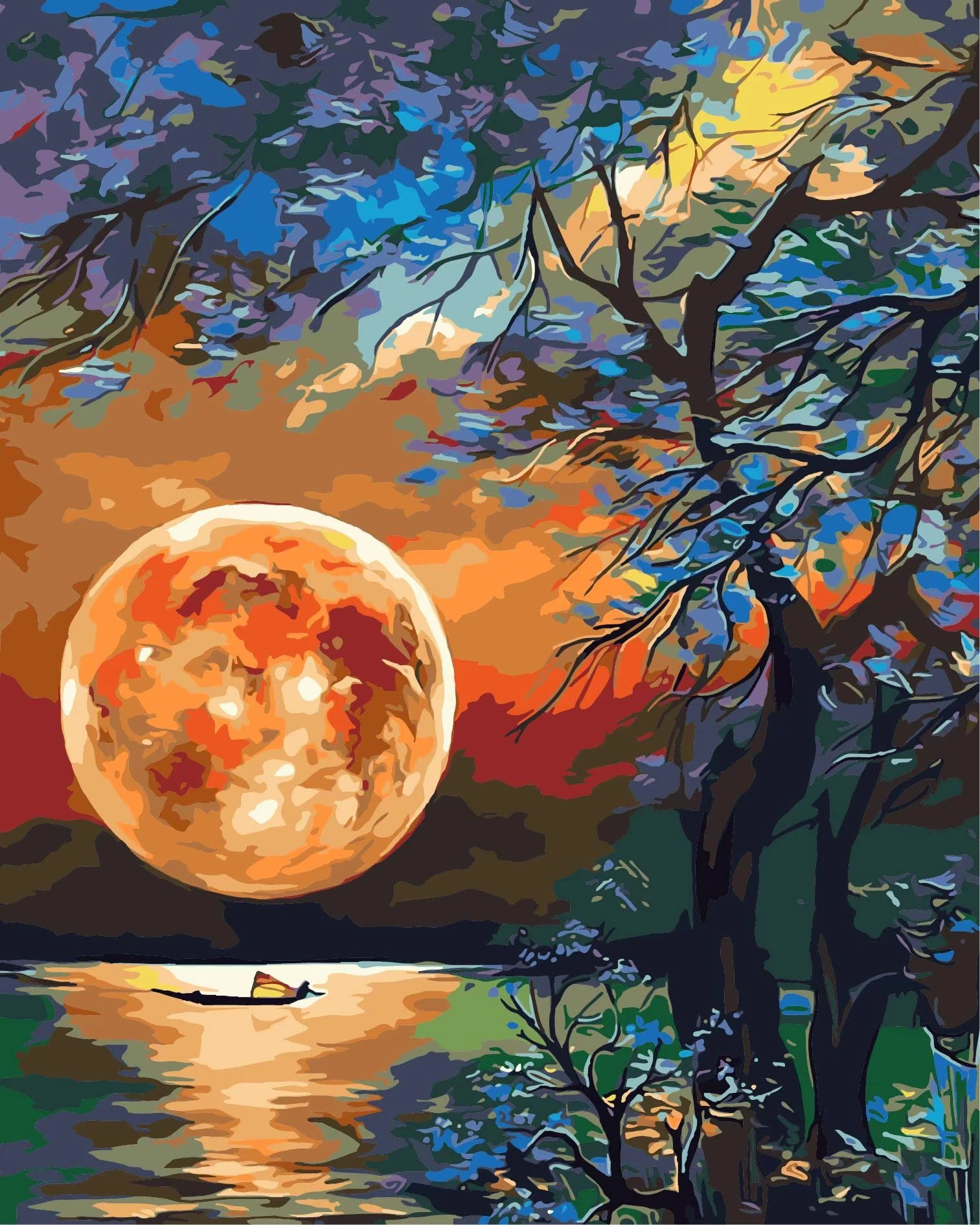 QYSFriday Paint by Numbers for Adults, 40 x 50 cm Lake Moon Planet Acrylic Oil Painting by Numbers for Adults Kids Paint by Numbers Kit with Brushes Canvas Without Frame