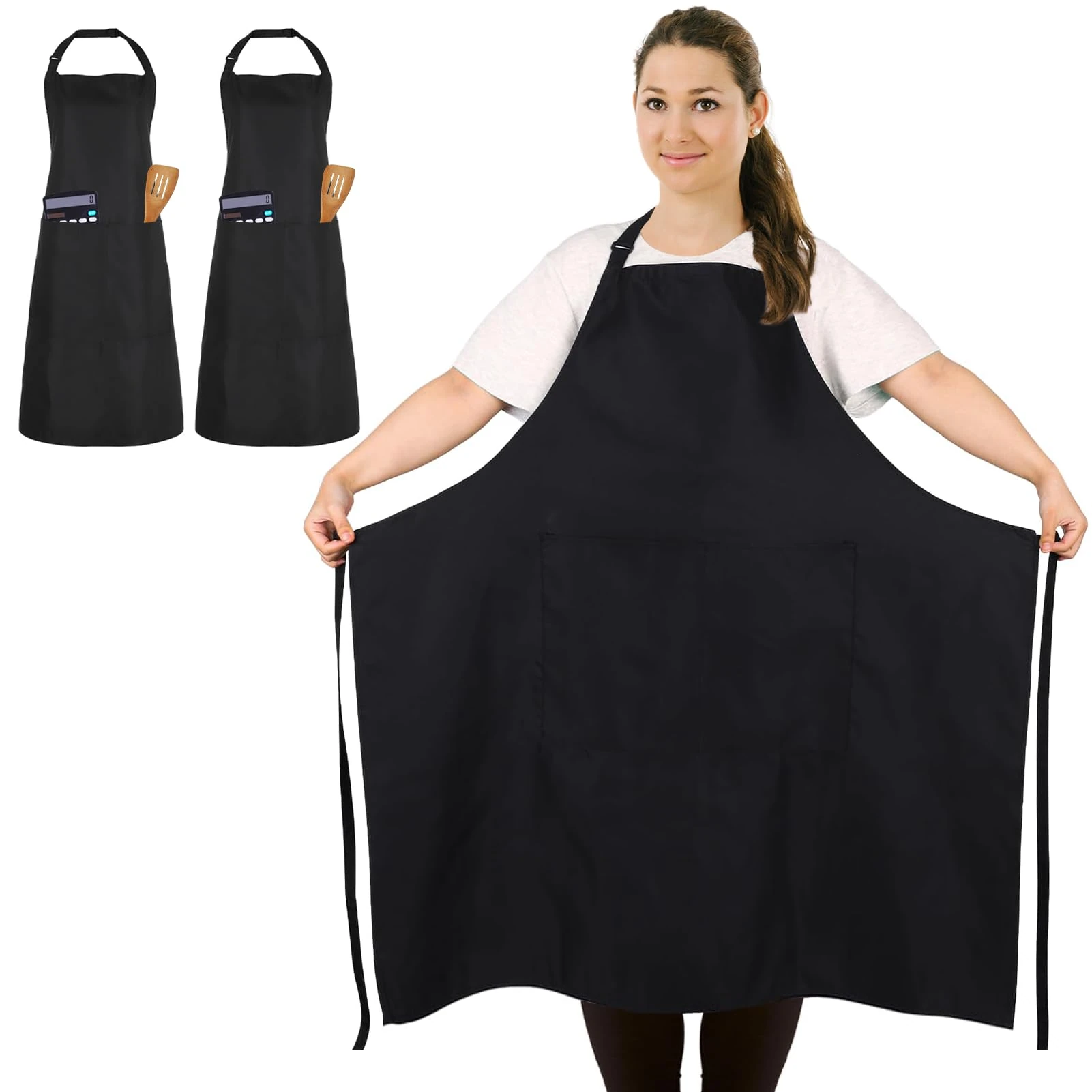 FunChaos 2 Pcs Plus Size Chef Apron, Black Apron, Unisex Aprons with 2 Pockets for Cooking, Grilling, BBQ, Work, Professional Aprons for Waiter Artist Hairdresser (Large Size)