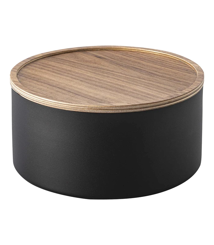 YAMAZAKI 5802 RIN Storage Case With Lid Round Deep, black, Steel/Wood, Minimalist, 22 x 22 x 11 cm