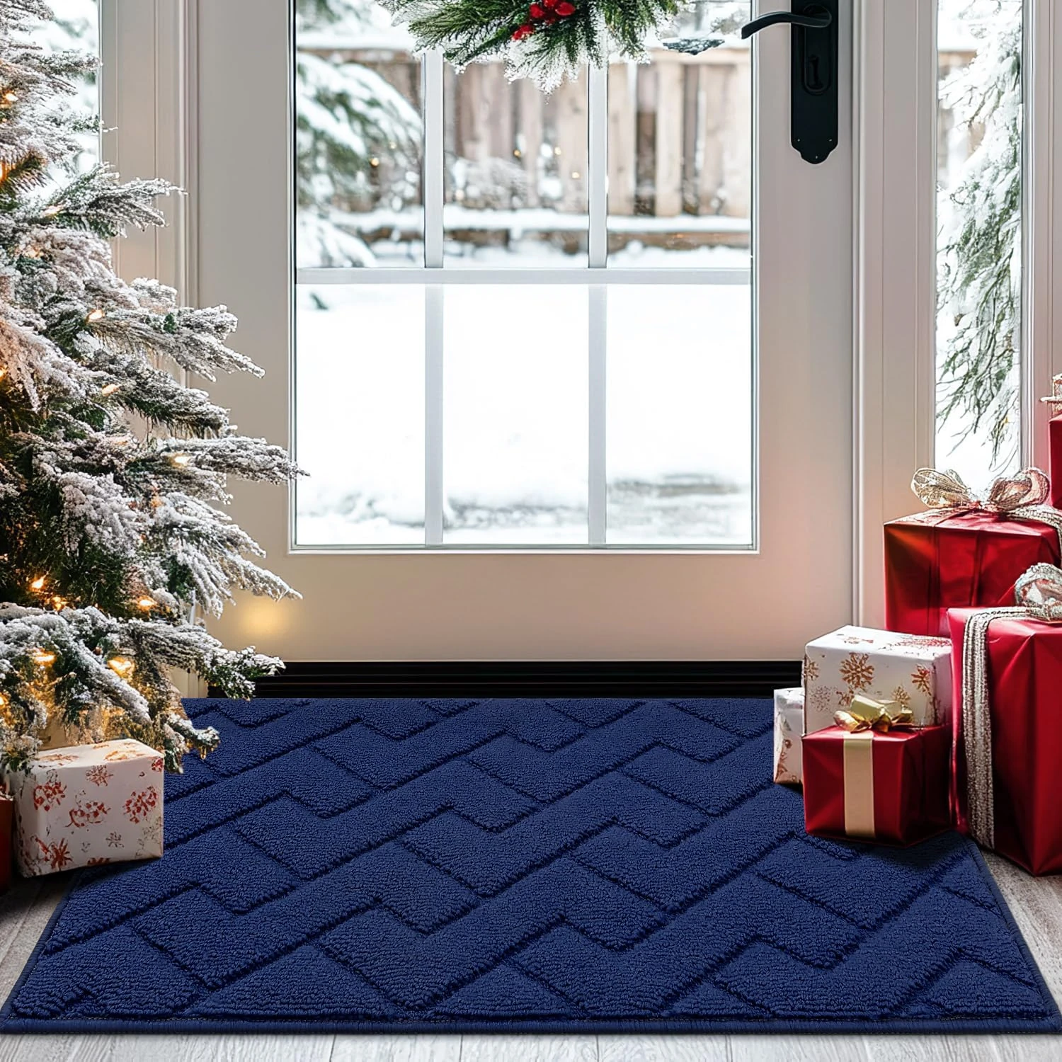 Biscpro Door Mats Indoor, Dirt Trapper Mat Absorbent Non-Slip Low Profile Doormat for Entrance, Inside, Kitchen, Front Door Mat Washable for Pets and Dogs— 50x80 cm, Blue