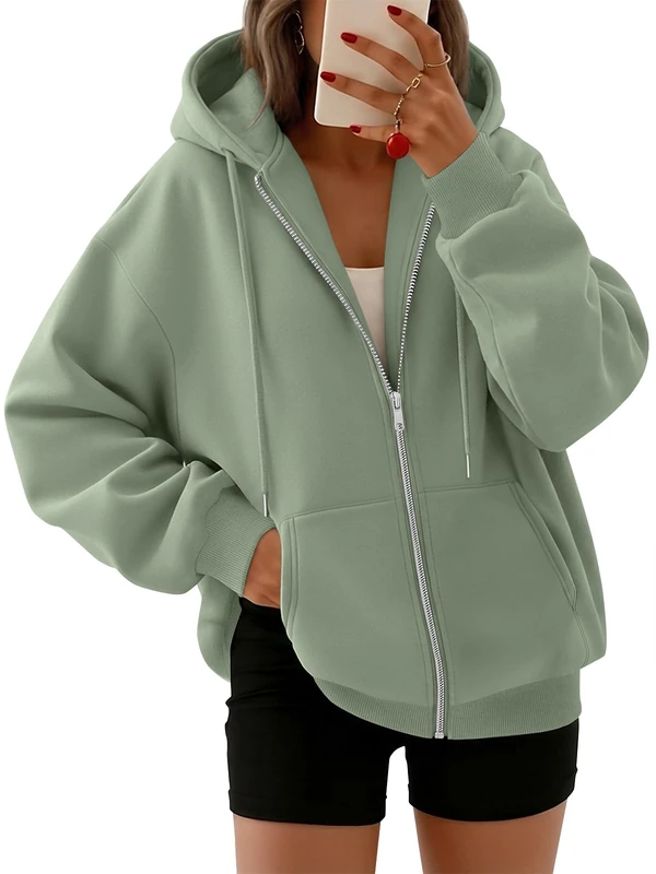 Trendy Queen Womens Zip Up Hoodies Oversized Sweatshirts Fall Fashion Outfits Sweaters Casual Jackets 2024 Winter Clothes, Lightgreen, Medium