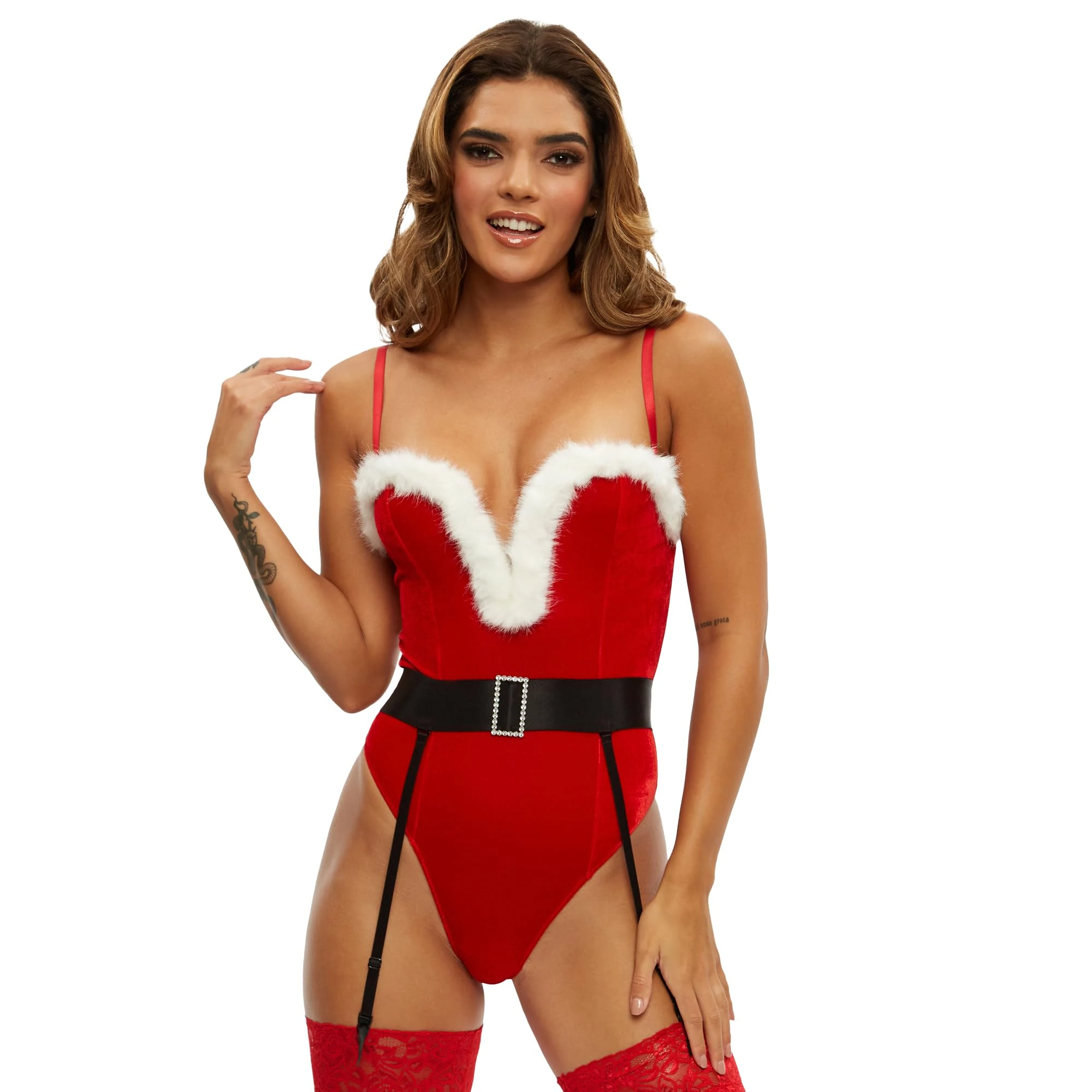 Ann Summers Sexy Santa Plunge Velvet Body – Red Lingerie Bodysuit for Women with Fur Trim, Plunge Neckline & Diamante Belt – Flattering Brazilian Cut – Fancy Dress Costume for Festive Role Play