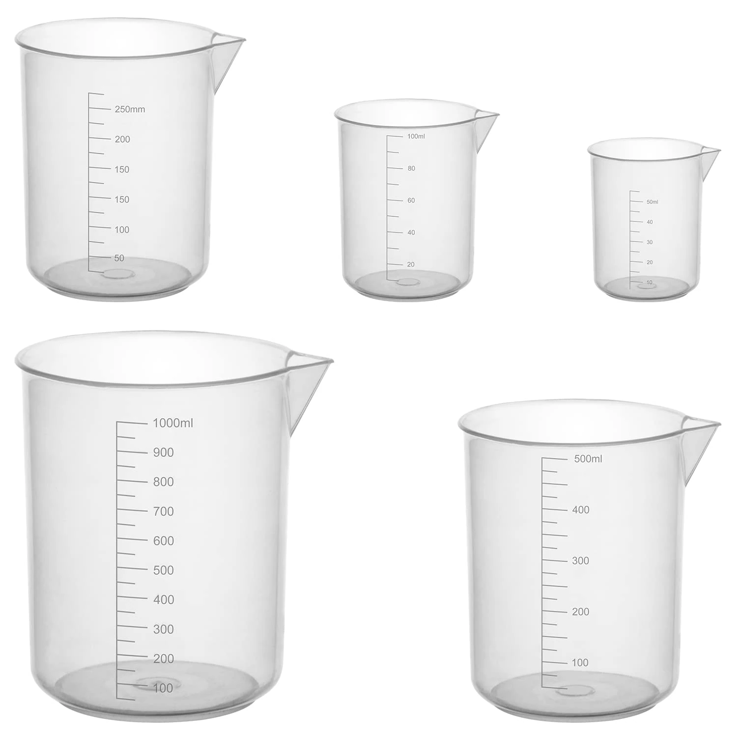 stonylab Plastic Beaker Set, Clear Plastic Graduated Beaker with Pouring Spout Measuring Beaker Set Liquid Cup Container in 5 Sizes, 50 ml/100 ml/250 ml/500 ml/1000 ml (1 L), Combo Pack