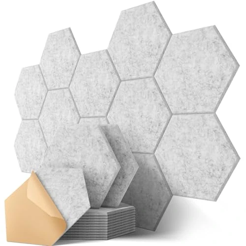 Self-Adhesive Hexagon Acoustic Panels, 12 Pcs High Density Soundproofing Panels for Ceiling/Door/Wall Decoration and Acoustic Treatment (12" X 10.5" X 0.4")