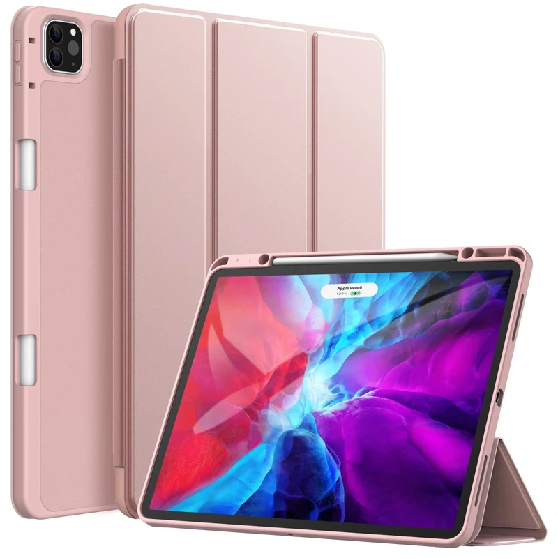 JETech Case for iPad Pro 12.9-Inch (2020/2018 Model, 4th/3rd Generation) with Pencil Holder, Support 2nd Pencil Charging, Slim Tablet Cover with Soft TPU Back, Auto Wake/Sleep (Rose Gold)