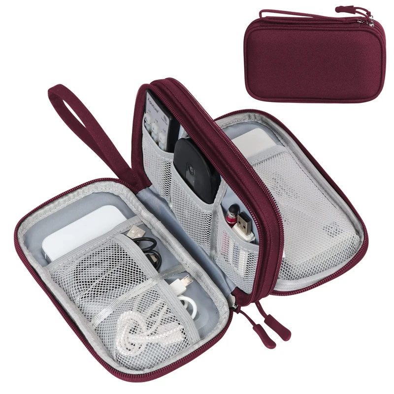 FYY Travel Cable Organiser Bag, Double-Layer Electronics Accessories Organiser Bag, Travel Essentials Universal Carry Travel Bag for Cables, Power Bank, USB Drive, Charger, Hard Disk S-Wine Red