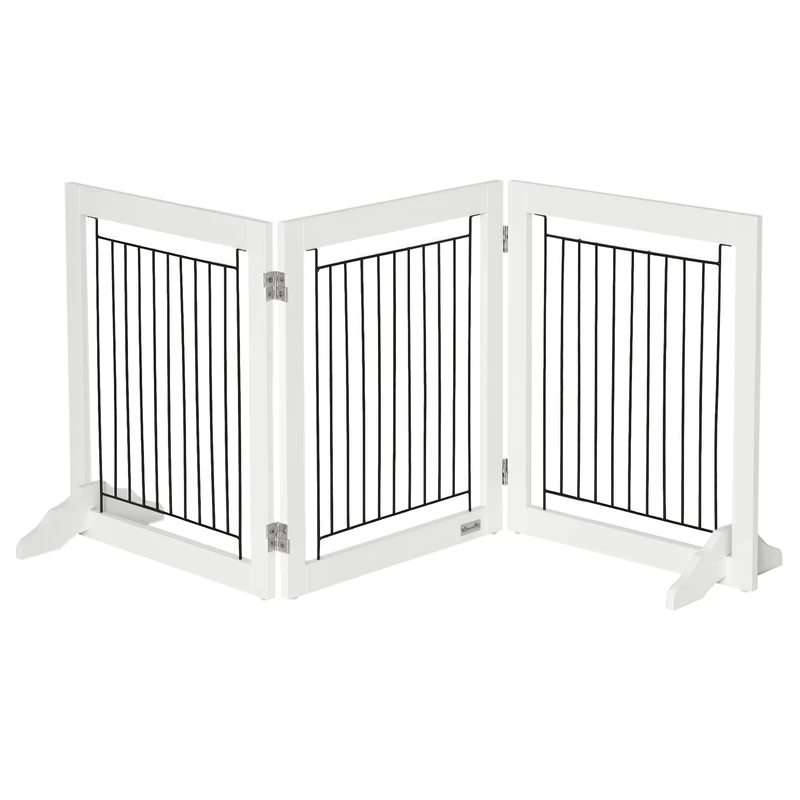 PawHut Foldable Wooden Pet Gate w/ 3 Panels 2 Support Feet for Small Dogs White