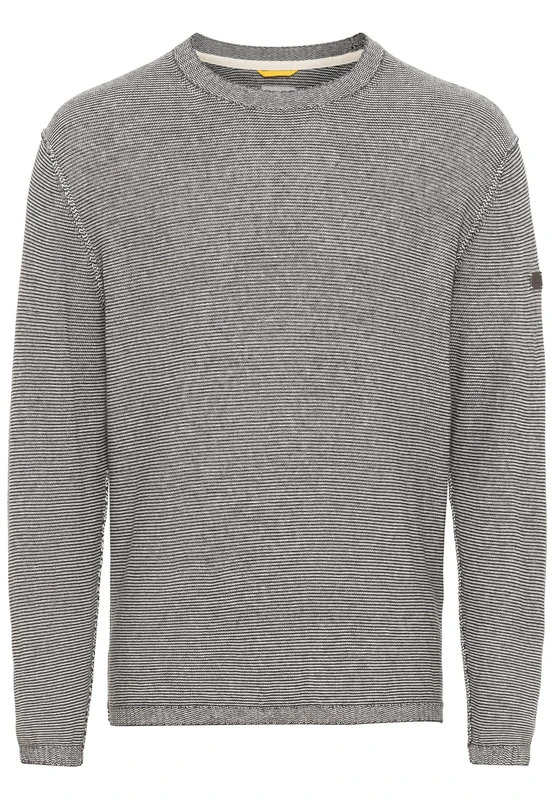 camel active Men's Lightweight Knitted Jumper in Fine Striped Pattern, Gray, M