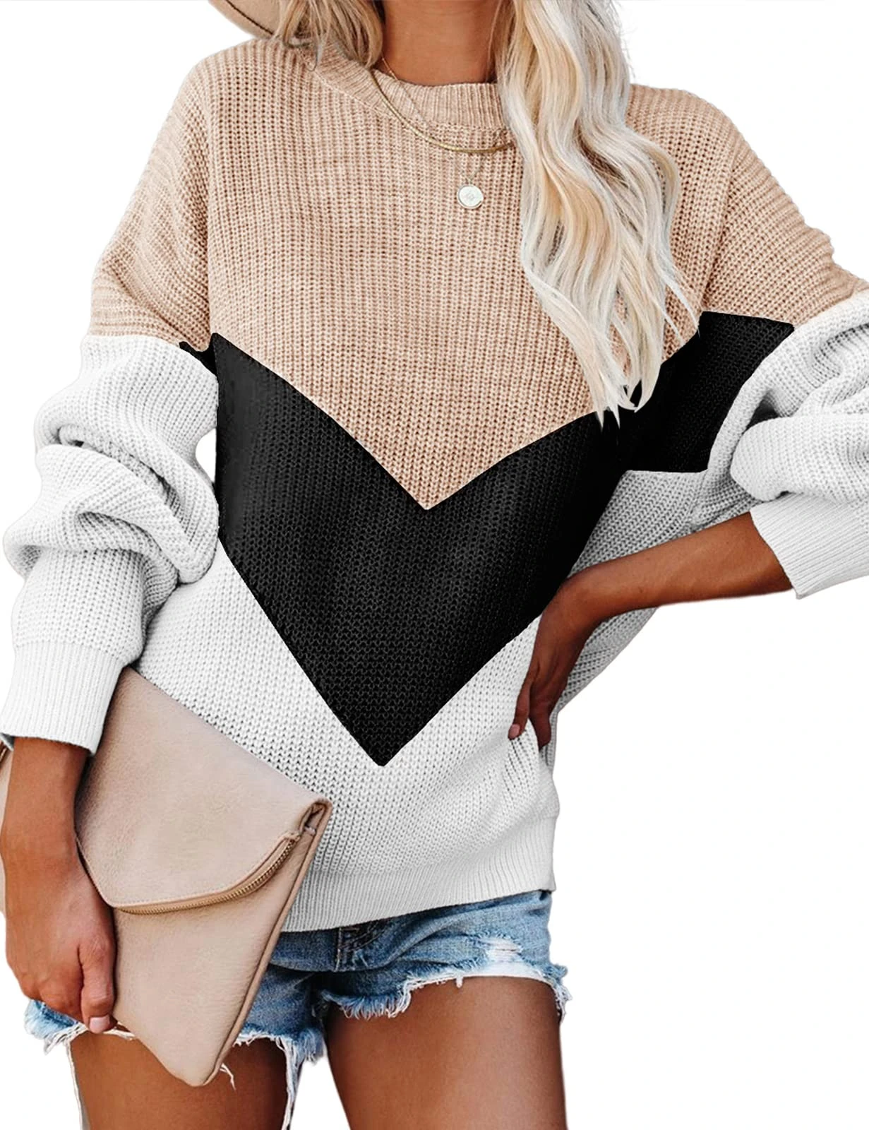heekpek Jumpers for Women Casual Color Block Long Sleeve Tops Crewneck Sweater Knitted Jumper Loose Pullover Sweater Ladies Pullover Jumper Oversized, Beige, Size XL