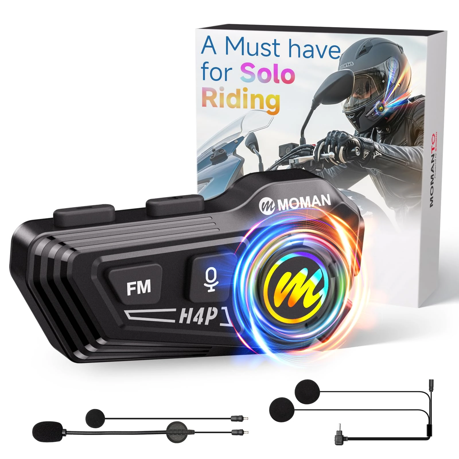 Moman Motorcycle Helmet Speakers-1000mAh Strong Battery, RS-H4P Motorbike Helmet Headset Dual Noise Reduction with Hi-Fi Soft/Hard Mic/IPX6/RGB/FM/Music Control/AI Voice/Headphone for Solo Riding