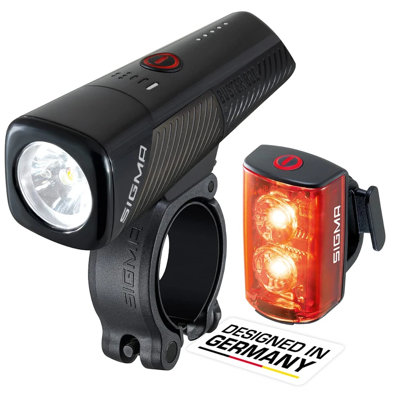 SIGMA - Buster 800, RL 80 Set, LED front and rear lights, 800 lumens and 80 lumens, Battery-operated front and rear lights with five lighting modes