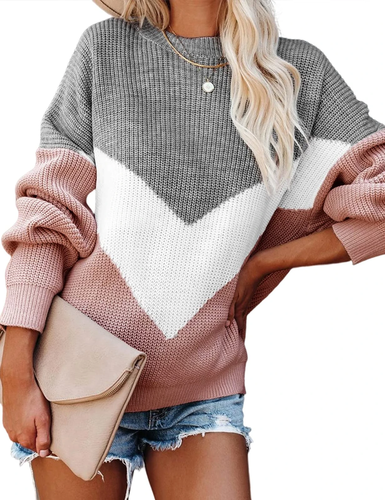 Heekpek Jumpers for Women: Casual Color Block Long Sleeve Tops Crewneck Sweater Knitted Loose Pullover Sweater Ladies Pullover Jumper Oversized, Pink, Size M