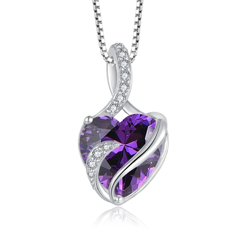FJ 925 Sterling Silver Heart Amethyst Pendant Necklace for Women