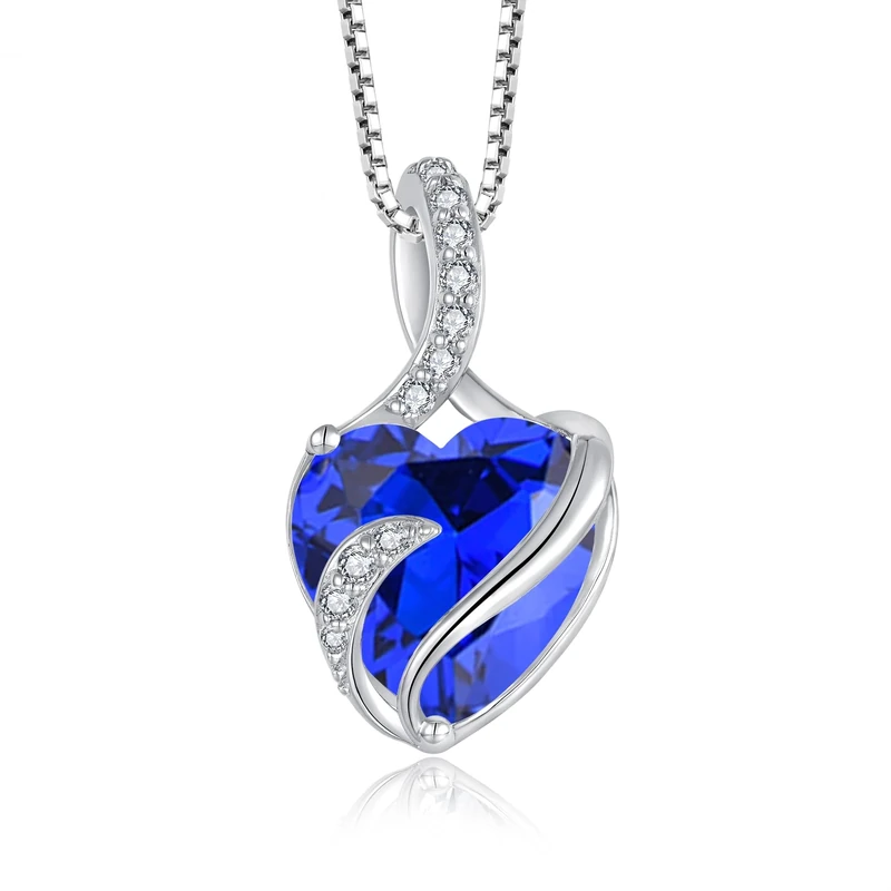 FJ Necklaces for Women 925 Sterling Silver Heart September Birthstone Pendant Necklace Sapphire Jewellery Gifts for Her