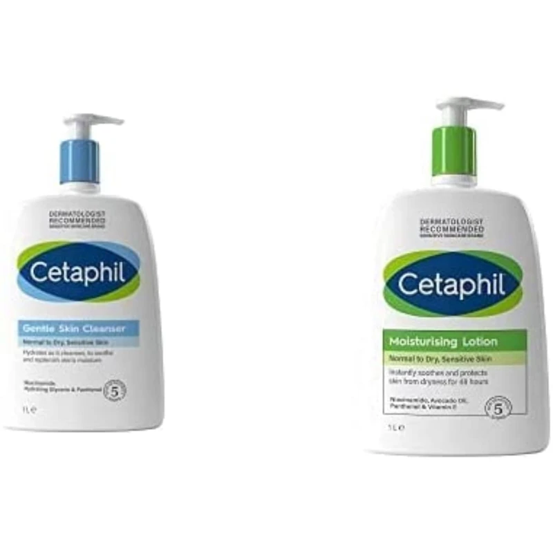 Cetaphil Family Size Bundle, 1L Gentle Skin Cleanser Face and Body Wash and 1L Moisturising Face and Body Lotion, Skin Care, Hydrating