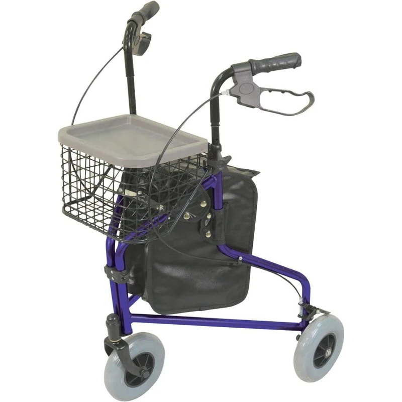 Aidapt Blue Folding Light Weight Aluminium 3 Wheeled Tri Walker Rollator Mobility Aid with Carry Bag, Basket, Tray and Lockable Brakes for Indoor and Outdoor use.